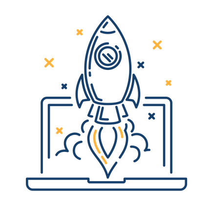 An outline drawing of a rocket launching out of a laptop signifies growth.
