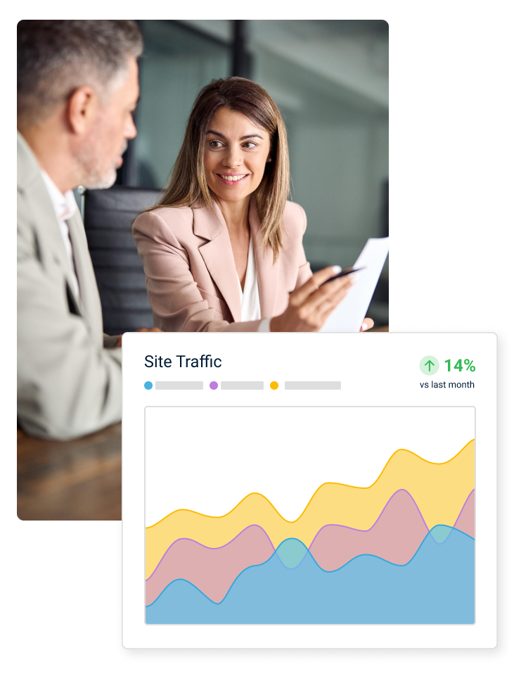 A marketing professional shows analytics to her client with a graphic overtop that displays overall website traffic.