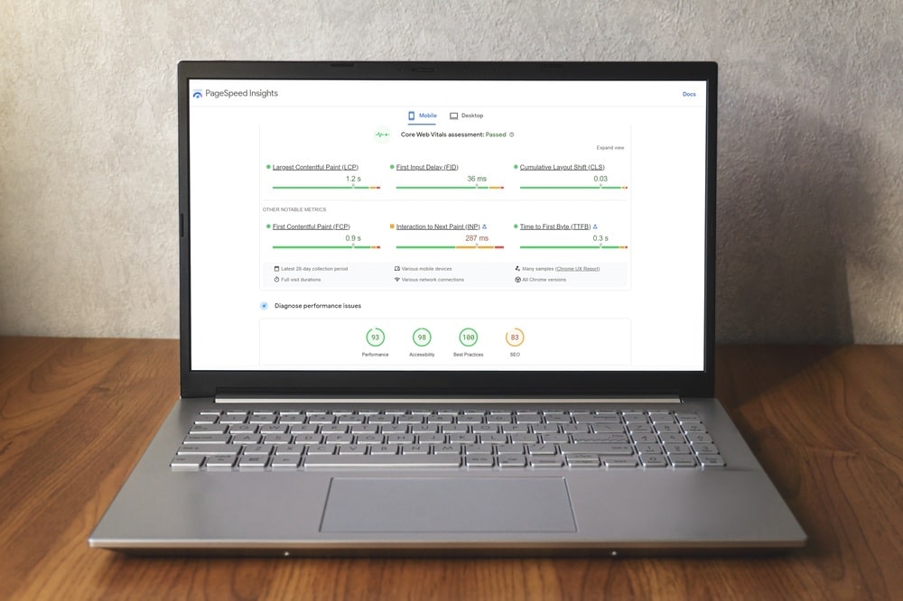 laptop opened with google page speed insights on screen